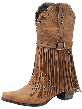 Kobilee Stivali Donna Alti Alto con Tacco Stivali Texani Anfibi Frange Stivali Equitazione Biker Invernali Stivali Cowboy Western Pelle Stivaletti Stivali Camperos Camoscio Vintage