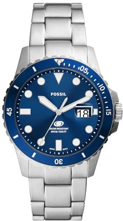 Fossil Blue uhr für Herren, Quarzwerk mit Edelstahl- oder Lederarmband, Silberton und Blau, 42MM