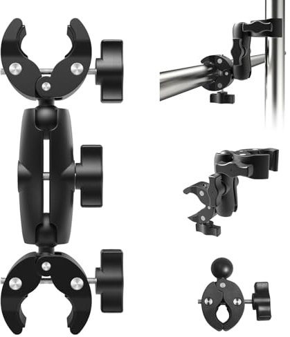 Double Clamp Mount for Phone, Umbrella, Motorcycle, Bike Handlebar, Wheelchair, Musical Instrument, Action Camera, Photo Studio Light Stand, Umbrella Clamp, Pole Clip Mount, 1Pack