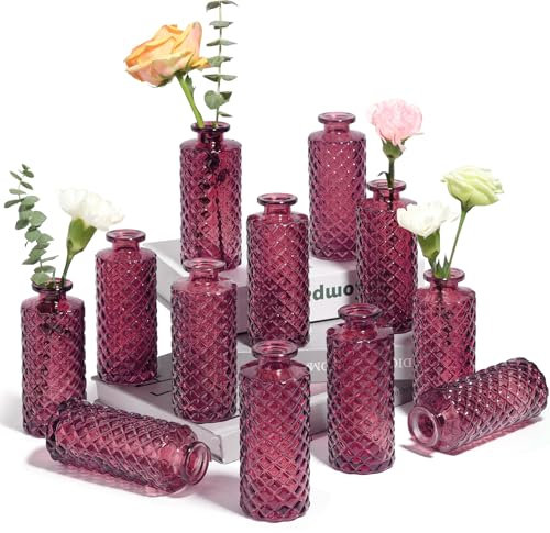 ComSaf Glass Bud Vases Set of 12, Small Diamond Bud Vases in Bulk, Mini Flowers Vases for Centerpieces, Vintage Decor Centerpiece for Table, Wedding Recepetion, Home, Housewarming Gift (Wine Red)