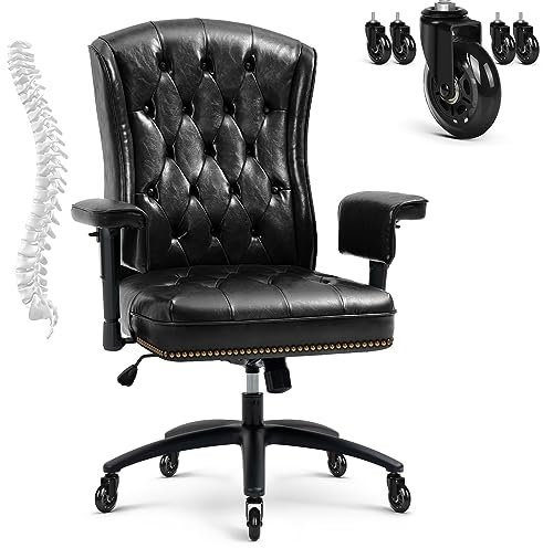 YAMASORO Chefsessel Bürostuhl Leder Vintage mitHöhenverstellbarem, Getuftetem Rücken & Nagelkopfbesatz, Hoher Rückenlehne, Schreibtischstuhl, Schwarze
