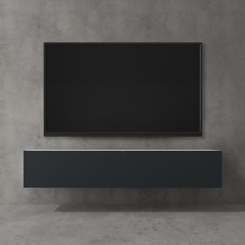 doporro Mueble de TV para Salón 160x40,2x30cm Mesa TV con Puerta Abatible hacia Abajo, en Blanco Mate + Gris Negro, Mueble de TV Flotante, Estante TV 02