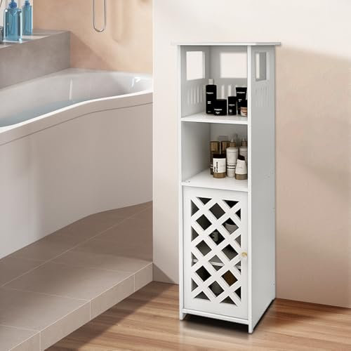 HUOLE Meuble de Salle de Bain, Armoire d’Angle avec Porte et Étagères, Support pour Papier de Toilette étagère réglable, Armoire de Salle de Bain Colonne