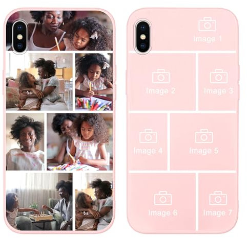Yoedge Personalised Phone Case for iPhone XS Max 6.5 inch, Custom Photo Design Flexible Soft Silicone Customized Rubber Shockproof Cover, Personalize with 7 Image Collage for Girls Women, Pink