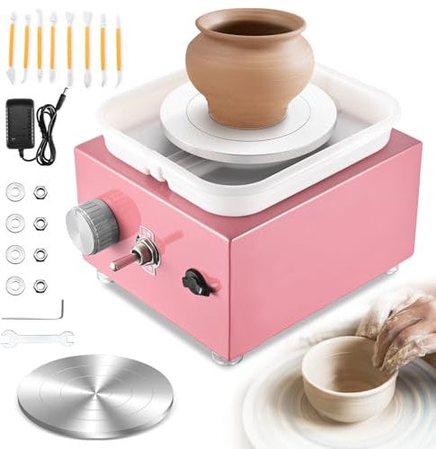 Tornio per Ceramica, Kooeuru Tornio per Argilla 2000 giri/min Velocità Regolabile con Piastre da 10/6,5 cm, Strumenti di Modellatura e Vasca Rimovibile, Tornio Ceramica per Bambini e Adulti, Rosa