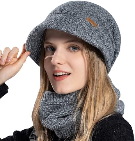 Gajaous Damen Mütze Schal Set, lässige Strickmütze warme Strickmütze Dicke Fleece gefütterte Wintermütze Nackenwärmer Set (2 Teile)