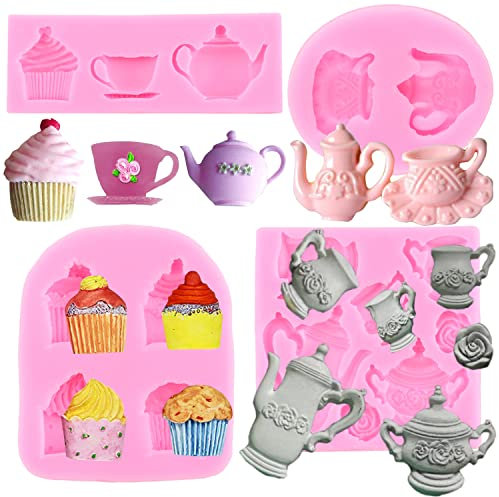 RFGHAC Tea Party Cake Mould Teapot Fondant Moulds Tea Cup Silicone Mould Ice Cream Moulds for Cake Decorating Cupcake Topper Candy Polymer Clay Chocolate Gum Paste Set of 4