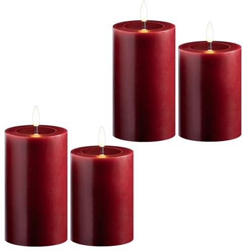 Novaliv 4er Set Led Kerzen flackernde Flamme mit Echtwachspiegel rot 7,5cm ø 2X 12, 5cm, 2x10 cm Höhe, LED Kerzen mit Timerfunktion, 2 AA Batterien nötig, LED Echtwachs Stumpenkerzen rot