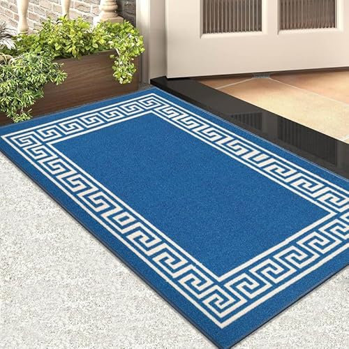 Cozy Haven Athena Door Mat – Non-Slip Washable Doormat, Heavy Duty Welcome Dirt Trapper, Water Absorbent Floor Mat for Indoor/Outdoor Use, Front Entrance, and Kitchen (Blue & Cream, 50x80 cm)