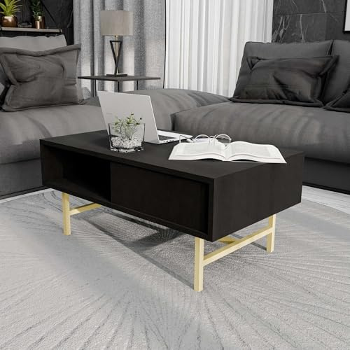 Hanah Home Stylish Black Coffee Table, 90 x 54 x 39.6 cm | 100% Melamine Coated Chipboard & Metal | Modern Design for Living Room & Office