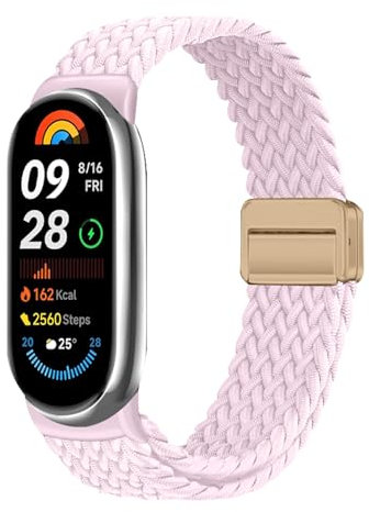 Niboow Bracelet Tressée pour Xiaomi Smart Band 10/9 / 8, Femme Homme Bracelet en Nylon Tressé Elastique avec Fermoir Magnétique pour Xiaomi Smart Band 10/9 / 8 - Rose
