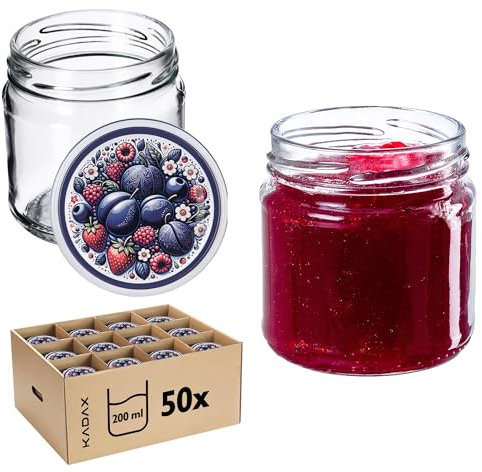 KADAX Lot de 50 petits pots pour conserves de 200 ml, fi66 mm, mini pots à miel et épices, bocaux hermétiques, bocaux à conserve, verres, pots ronds (fruits d'été)