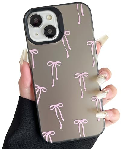 ZTOFERA Case for iPhone 13/14, Aesthetic Silver Phone Case with Ribbon Bow Pattern, Glossy Hard PC Back Case Silicone Bumper Shockproof Protective Cover for Girls Women - Bowknot