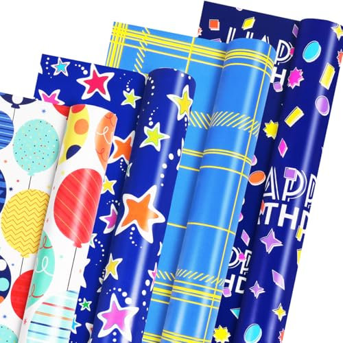 Geschenkpapier Geburtstag Rolle, 4 Rollen 43cm x 300cm Blaues Geschenkpapier für Jungen und Mädchen, Stern Karo und Ballon Muster Geschenkpapier für Geburtstag, Party, Babyshower