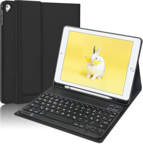 SENGBIRCH Hülle mit Tastatur für iPad 6./5. Generation Generation 9.7 Zoll, Abnehmbar Magnetisch Tastatur mit QWERTZ Layout, Keyboard for iPad Pro/Air 2./1. 9.7, Schwarz