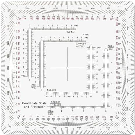 Sirxlevcy Quadratischer Winkelmesser mit Militärischer Koordinatenskala für die Landnavigation, UTM/MGRS-Koordinatenskala im Militärstil