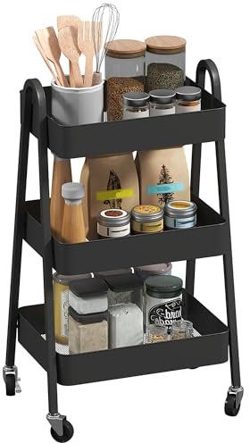 HOMCOM 3-Tier Storage Trolley on Wheels, Rolling Utility Cart with Handles, Mobile Kitchen Storage Cart for Living Room, Dining Room, Bedroom, Bathroom, Black