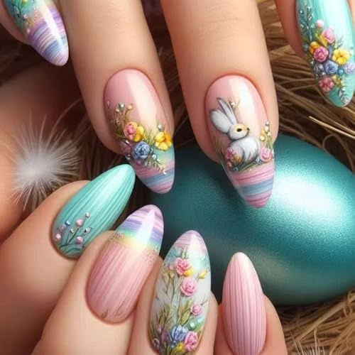 Ztcily Künstliche Nägel, French Pink und Blau, künstliche Nägel, mittlere Mandel, in Hasen- und Blumenform, künstliche Nägel mit Kleber für Ostern
