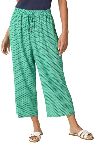 Roman Originals Culotte Trousers for Women UK - Ladies Wide Leg Cropped Pants Tie Detail Bottoms Vintage Retro Smart Flared Slimming High Waist 1940s Party Regular - Petite Geo Green - Size 16