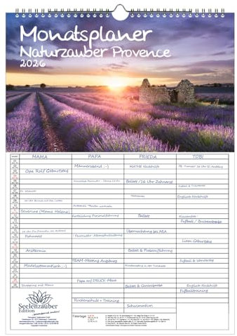 Naturzauber Provence Planer Familienplaner 4 Spaltenplaner DIN A3 Kalender für 2026 Urlaub Frankreich - Set: 1x Kalender 1x Weihnachts- 1x Grußanhänger (3 Teile)