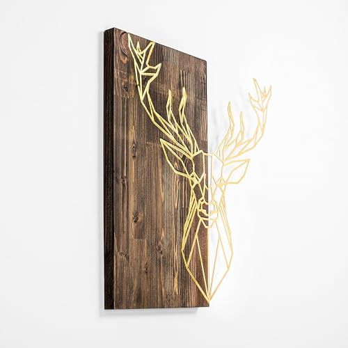 Elegante Wanddekoration aus Holz, Walnuss & Gold, 56 x 58 cm | 50% Holz (3 cm) & 50% Metall (1,5 mm) | Wandmontage, einzigartiges Design