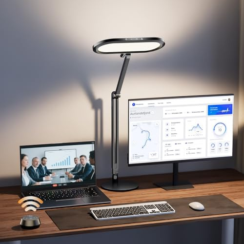 Premium LED Desk Lamp for Home Office – Eye-Caring Double Side Light with Knob Remote, Stepless Dimming & Color, Memory, Metal Table Lamp for Zoom, Studying, Video Conference, Flicker-Free, Glare-Free