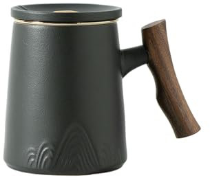 Vaso de cerámica de color sólido estilo chino de 440 ml con mango de madera y tapa para filtrar, negro mate