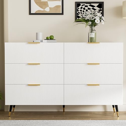 BTM 6 Drawer Chest of Drawers, 6 Chest of Drawers, Marbled 6-Drawer Sideboard, Modern Storage Cabinet with RGB LED Lighting & Shelves, 85x120x40cm, White
