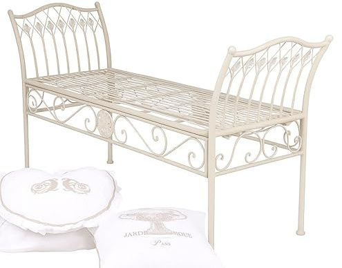 PALAZZO INT Nostalgische Sitzbank Shabby Chic Garten – Romantische Parkbank aus Schmiedeeisen mit Antik-Patina, 130×40×70 cm, komfortable Sitzhöhe 43 cm, Vintage-Gartenmöbel