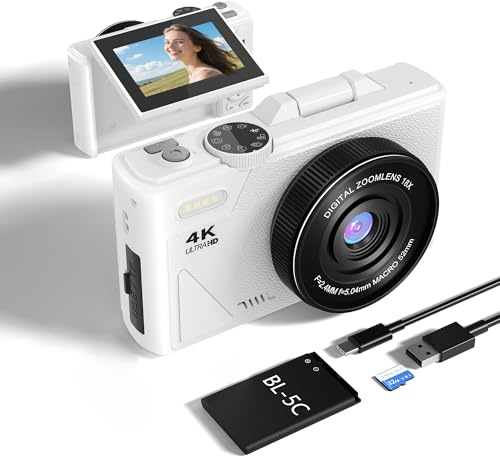 64MP Compact Digital Camera for Photography: 4K Vlogging Camera for Youtube with 180° Flip Screen 32GB TF Card 18X Zoom Video Camera Fit Beginner Teenagers Travel -White