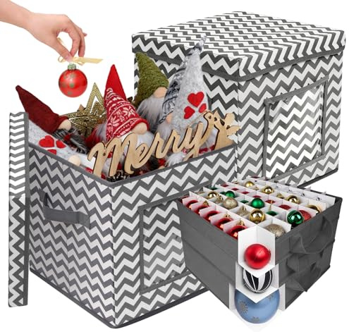adorbox Weihnachtskugel-Aufbewahrungsbox, 31x31x7 cm, Grau-Weiß Chevron, 2 Stück mit 4 Ebenen, für 48 Kugeln