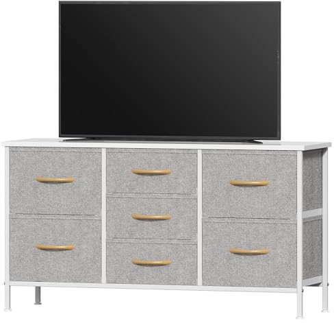 Feonase Bedroom Chest of Drawers, Small Dresser with 7 Fabric Drawers, Metal Frame & MDF Wood Top, Adjustable Feet, Storage Organizer Unit for Bedroom, Closet, Living Room, Hallway, Light Grey