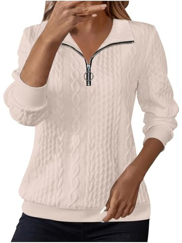 Sweatshirts for Women UK Women's Jumpers for Women UK Sweatshirts Lapel Half Zip Pullover Knit Cable Ladies Sweatshirt Long Sleeve Tops Fall Winter Sweaters Warm Hoodies Outfit Clothing Beige XL