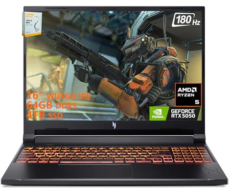 acer Nitro V 16 AI Gaming Laptop | 16 pulgadas WUXGA IPS 180Hz | AMD 6-Core Ryzen 5 240 | 64GB DDR5 4TB SSD | GeForce RTX 5050 8GB DLSS4 (hasta 440 tapas AI) | Teclado retroiluminado Win11 con