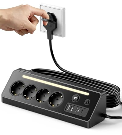 Honizer 7in1 Flachstecker Mehrfachsteckdose,4fach Ecksteckdose Flachstecker | 1 USB-A & 2 USB-C, 16A 3680W Mehrfachsteckdose mit 2 Schalter,2M Kabel& LED-Nachtlicht für Küche/Büro/Nachttisch