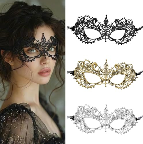RIVIEVAL Maskenballmasken für Damen, 3 Stück Spitzen-Augenmasken Halbgesicht für Halloween-Party, Karneval, Abschlussball und Kostüm Cosplay