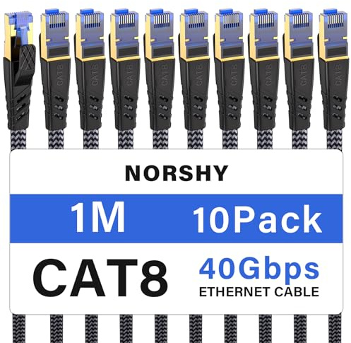 NORSHY Cat 8 Câble Ethernet 1m(10 Pièces), Cat 8 RJ45 Cable Super Débit Réseau Lan Patch 40Gbps 2000MHz Plat Nylon Tressé Câble Internet Compatible avec Routeur, Switch, Modem, TV, PS5/4, Xbox, PC