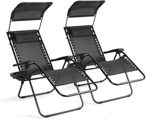 VOWNER Pack de 2 Sillas de Gravedad Cero Plegables, Tumbona de Jardín con Parasol Ajustable y Posavasos, Sillón Relax para Balcón, Terraza, Camping, Playa