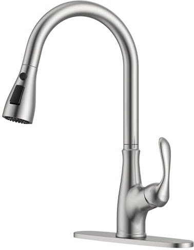 APPASO Robinet de cuisine rétractable avec pulvérisateur en acier inoxydable nickel brossé – Poignée unique commerciale à haut arc extractible Robinets d'évier de cuisine