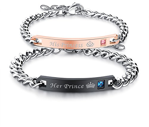 JewelryWe 2pcs Herren Damen Pärchen Armband, Lieben Freundschaftsarmband Valentinstag Paar Geschenk, His Princess & Her Prince Krone, Edelstahl Zirkonia, Schwarz Rosegold Silber, kostenlos Gravur