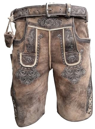 Enjoy Trachten Alpenlife Kurze Herren Lederhose mit Gürtel, Braun, Speckig Walnussantik, Wildbockleder, Krone, Gr. 44-62 (DE/NL/SE/PL, Numerisch, 62, Regular, Regular, Hellbraun)