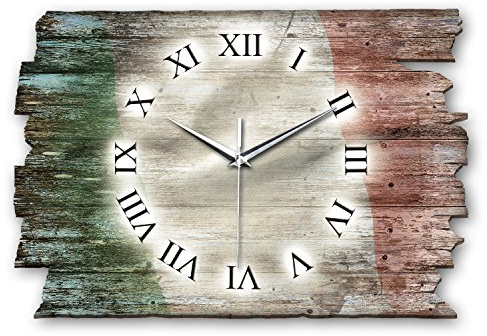 Kreative Feder Designer Wanduhr Italien Flagge aus Holz Größe 40x27cm - Wanduhr im Landhaus-Stil Shabby-Style Made in Germany leise ohne Ticken (Italien Flagge, leises Quarzuhrwerk)