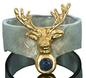 Goldschmiedering deer, Hirsch, Geweih, handgefertigt, massiv, Silberschmuck, Ring, Ringe, Saphir, Ring mit Hirsch, Oktoberfest, Jagd, Jäger