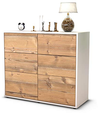 Stil.Zeit Sideboard Dalida, Korpus Weiss matt, Front Holz-Design Pinie (92x79x35cm) Push-to-Open Technik & Leichtlaufschienen