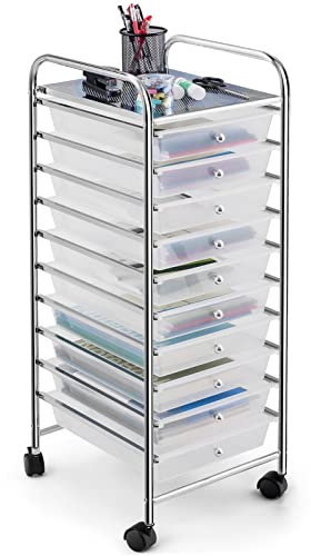 GOPLUS Rollwagen mit 10 Schubladen, Rollregal Badrollwagen, Beistellwagen Haushaltswagen Rollcontainer Badrollwagen Badtrolley Badregal (Transparent)