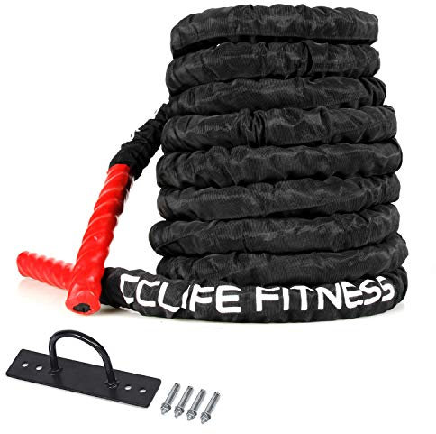 CCLIFE Battle Ropes Schlachtseil 9m 12m 15m Ø38mm Fitnesse Sport Tau Trainingsseil Fitnessseil Sportseil Battle Rope für Fitnessstudio Muskelaufbau, Größe:9m mit schwarzer Schutzhülle und Halterung