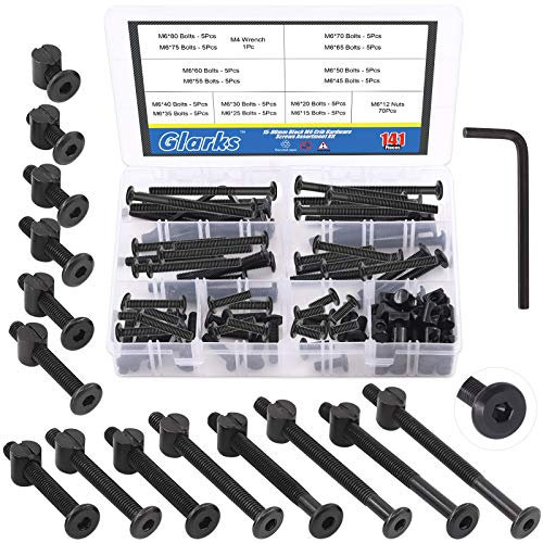 Glarks Kit de remplacement de 141 pièces M6 x 15/20/25/30/35/40/45/50/55/60/65/70/75/80 mm pour lit bébé - Vis et écrous hexagonaux noirs avec une clé Allen