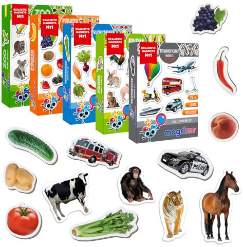 Magdum 110 Zoo + BAUERNHOFTIERE + Obst + GEMÜSE + Transport Foto Magnete Kinder für magnettafel - Magnet Spielzeug Kinder - Kühlschrankmagnete Kinder -Spielzeug ab 3 Jahre - Lernspiele ab 3 Jahre