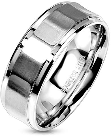 Paula & Fritz® Ring Herren Facettenreich Sandgestrahlt 316L Chirurgenstahl Größe 62 (19,7) 8-mm Breit Silber Herren-Ring Partnerring Ehering Damenring