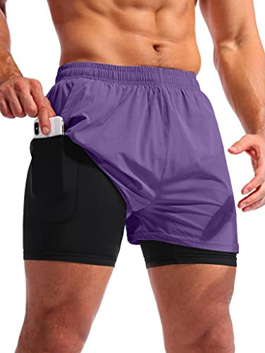 Pudolla Herren 2-in-1 Laufshorts 12,7 cm schnell trocknende Gym Athletic Workout Shorts für Herren mit Handytaschen, Violett, XX-Large